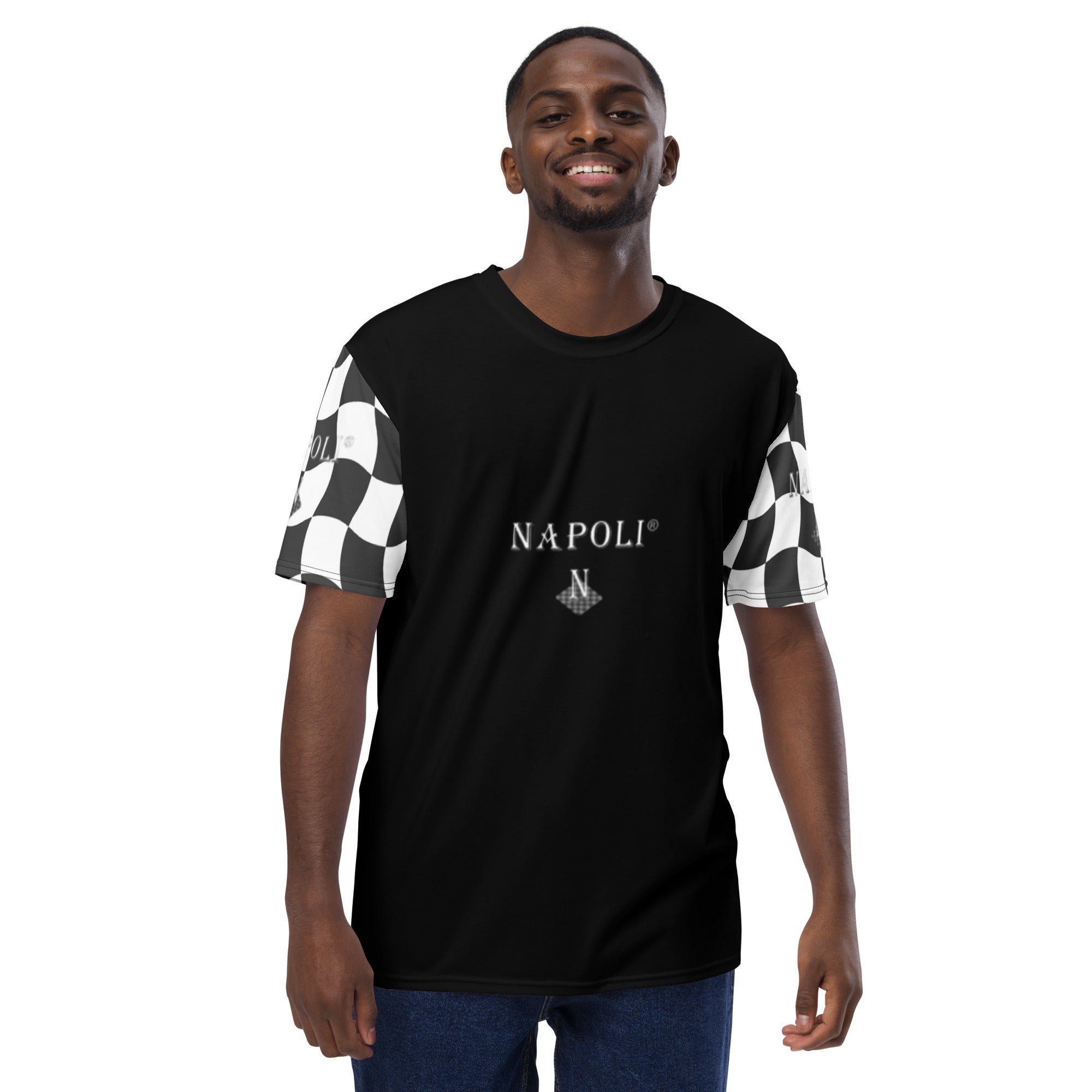 Front view of the Napoli Brand black men's t-shirt with a bold white logo design across the chest