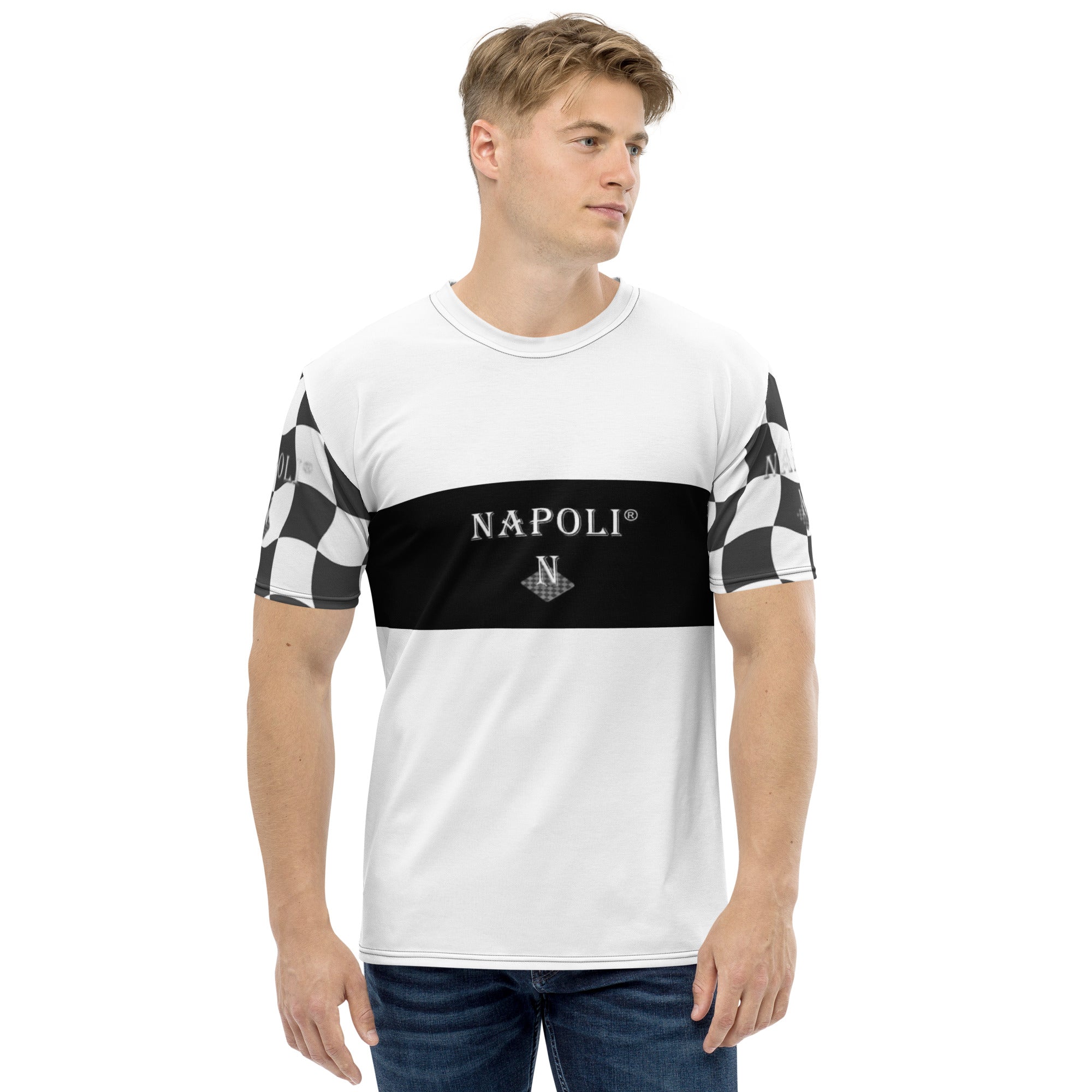 Front view of the Napoli Brand white men's t-shirt with bold black logo design across the chest