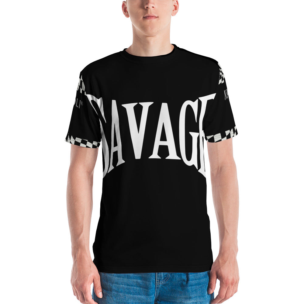 Front view of Napoli Savage men's black t-shirt, featuring bold 'Savage' graphic print