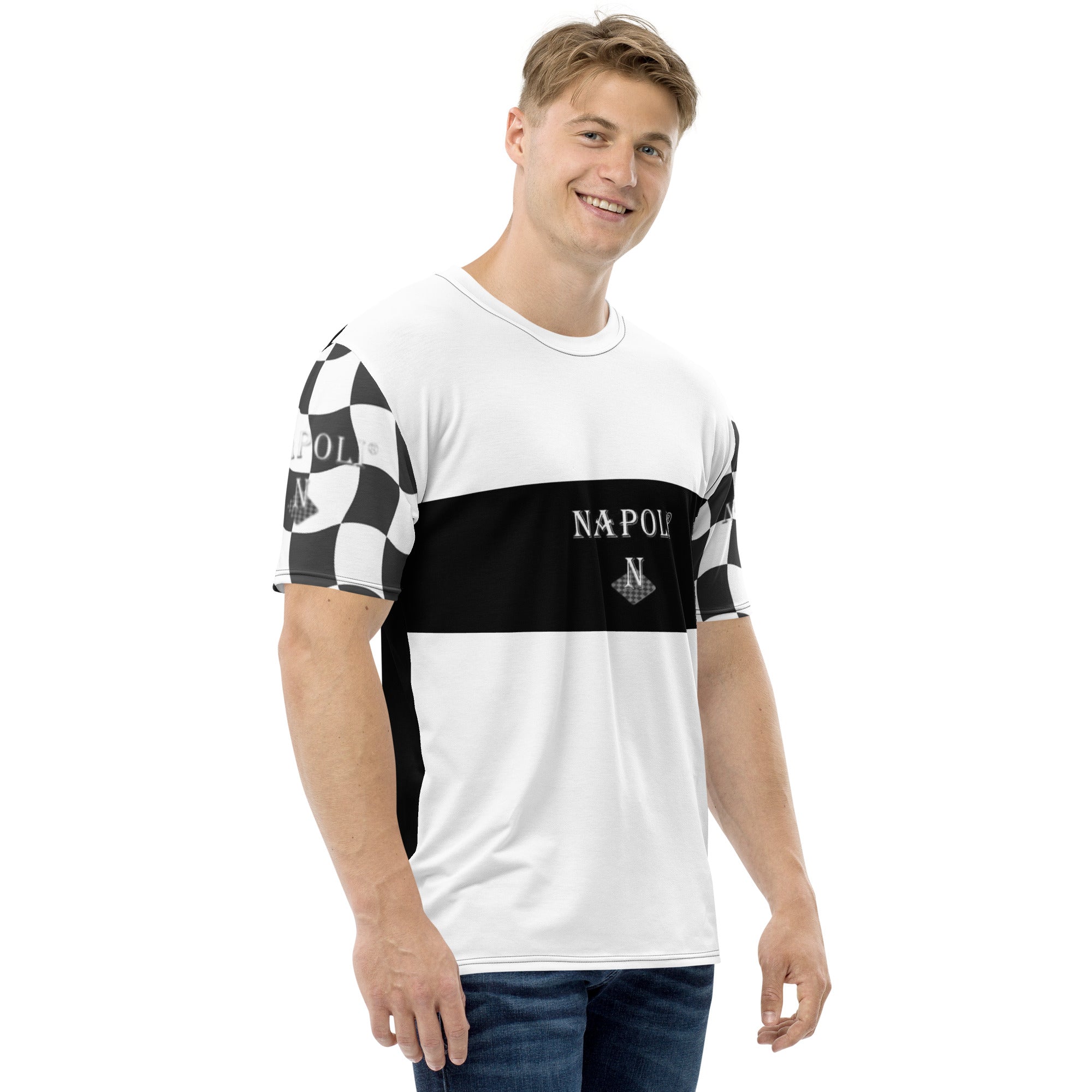 white men's t-shirt with bold black logo design across the chest