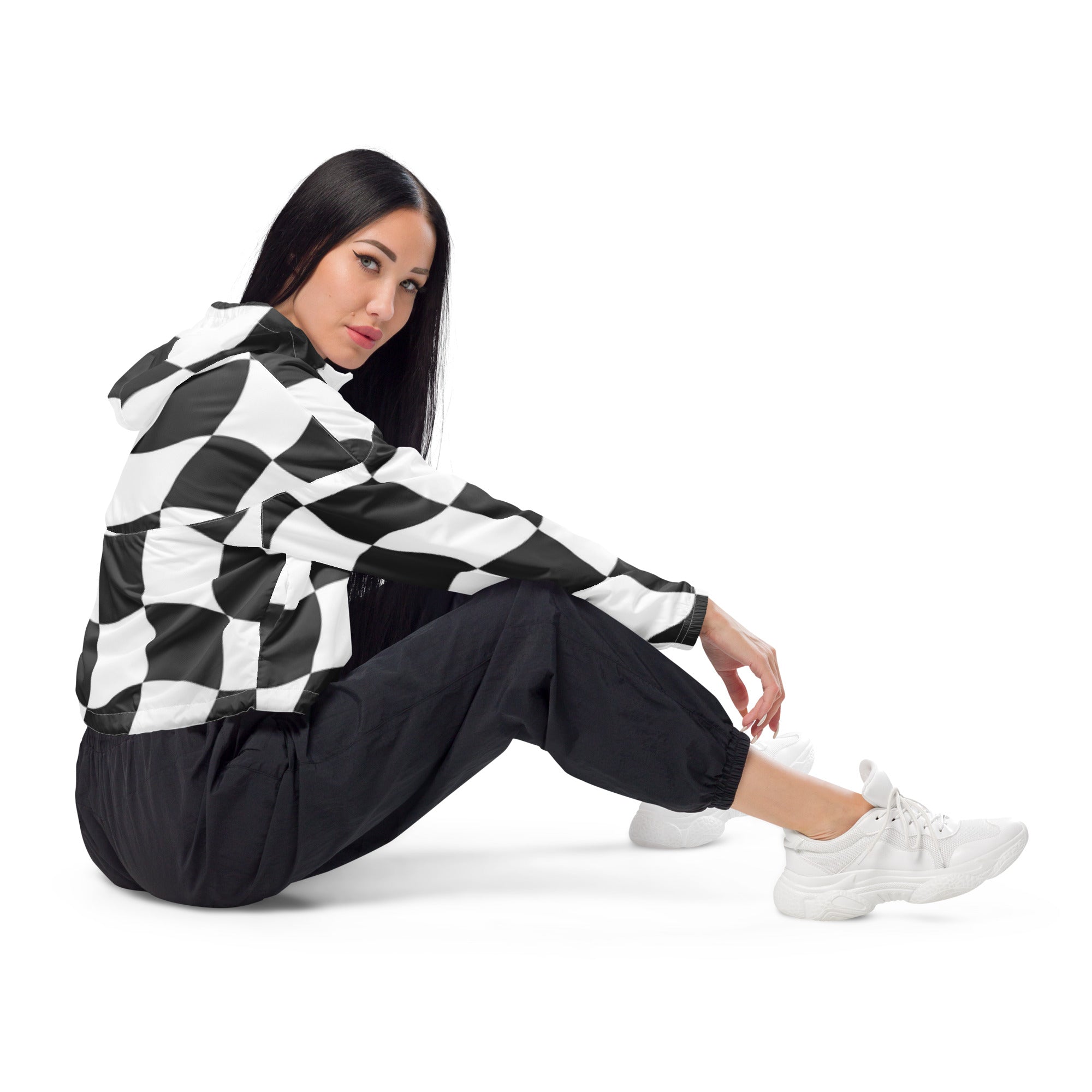 Side view of Napoli Signature Checker Short Cropped Windbreaker Hoodie