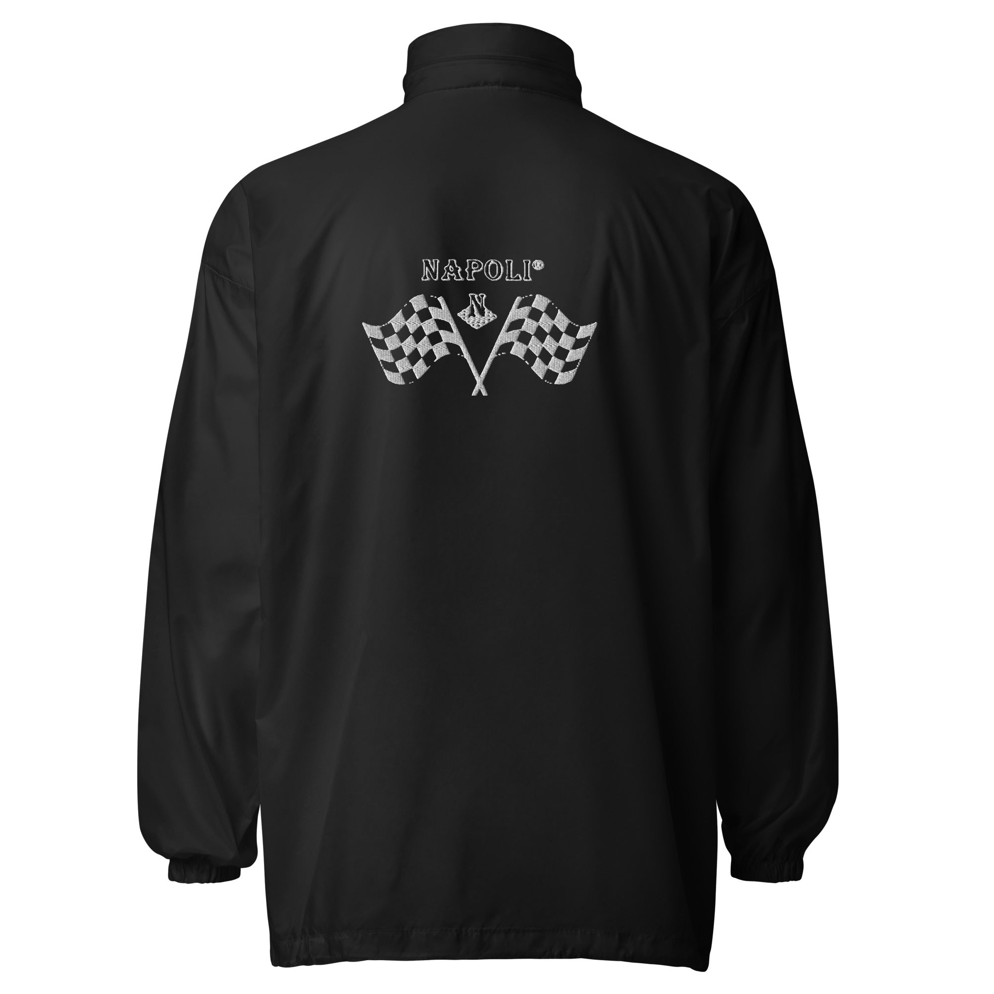 Back view of the Napoli Brand Signature black unisex windbreaker