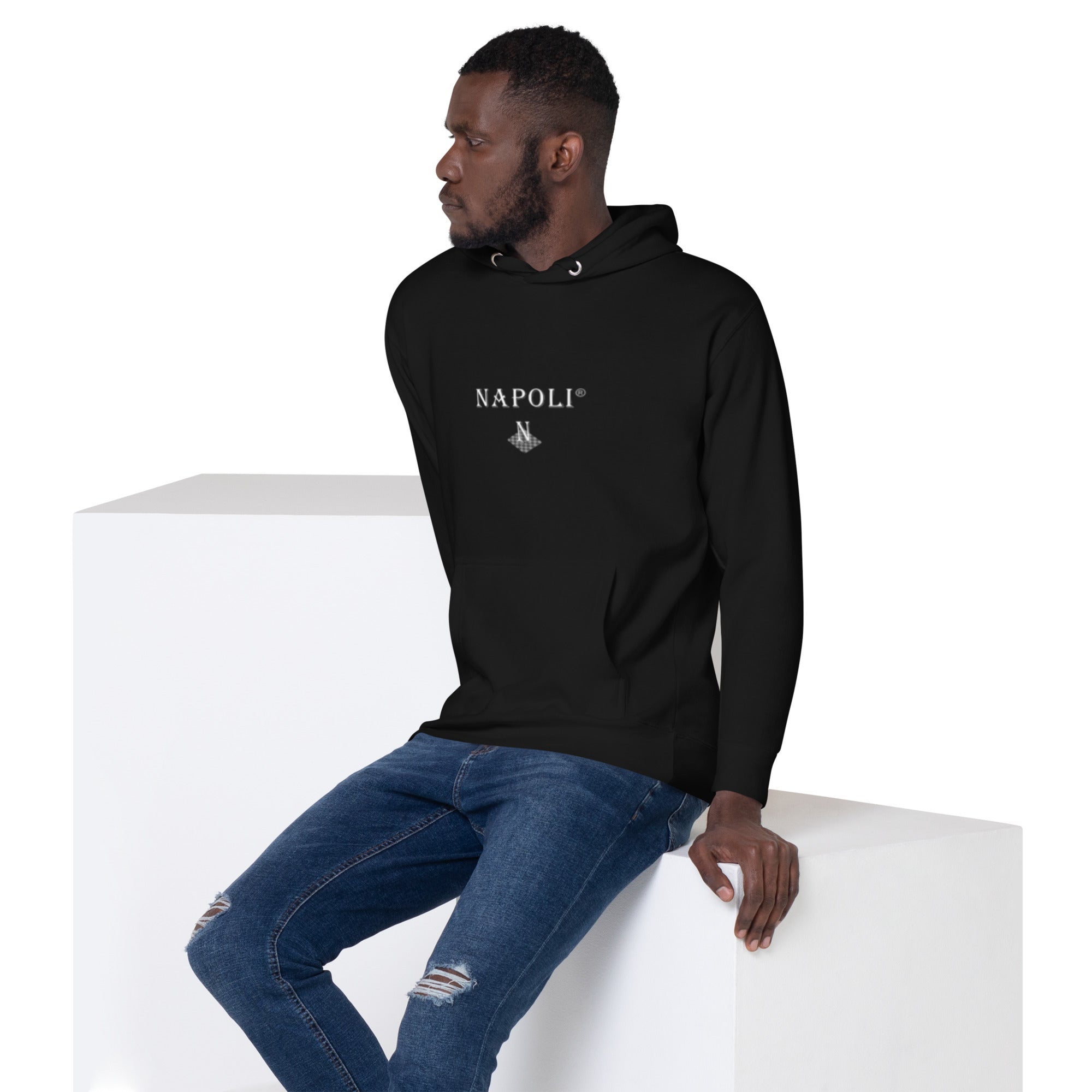 Black Napoli Trademark hoodie,hood and front pocket for added comfort