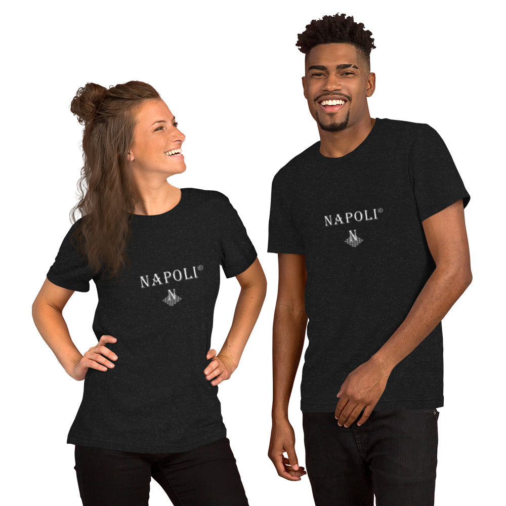 Front view of the Napoli Brand black unisex t-shirt featuring a bold, minimalist logo