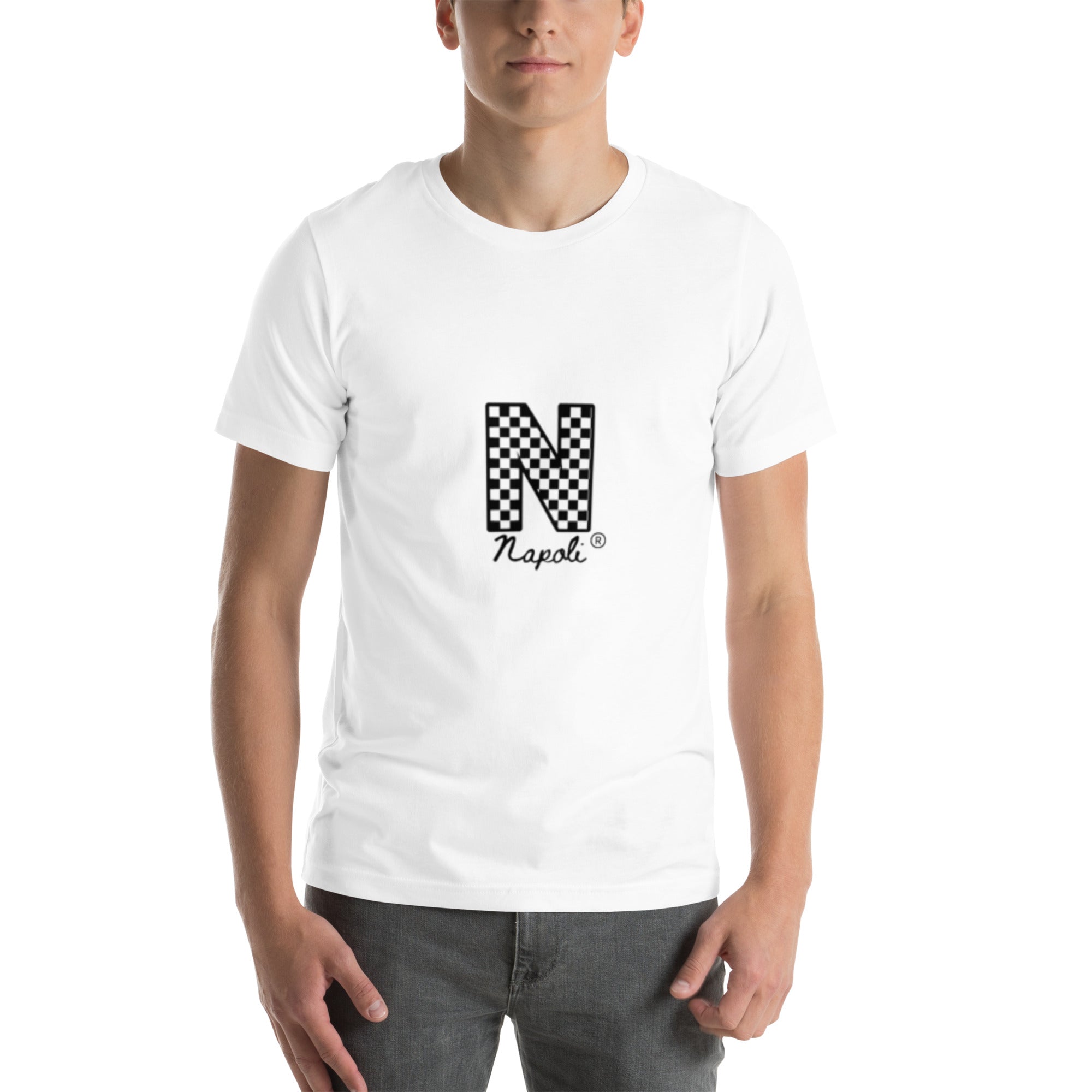 Front view of the Napoli Brand stylish white unisex t-shirt